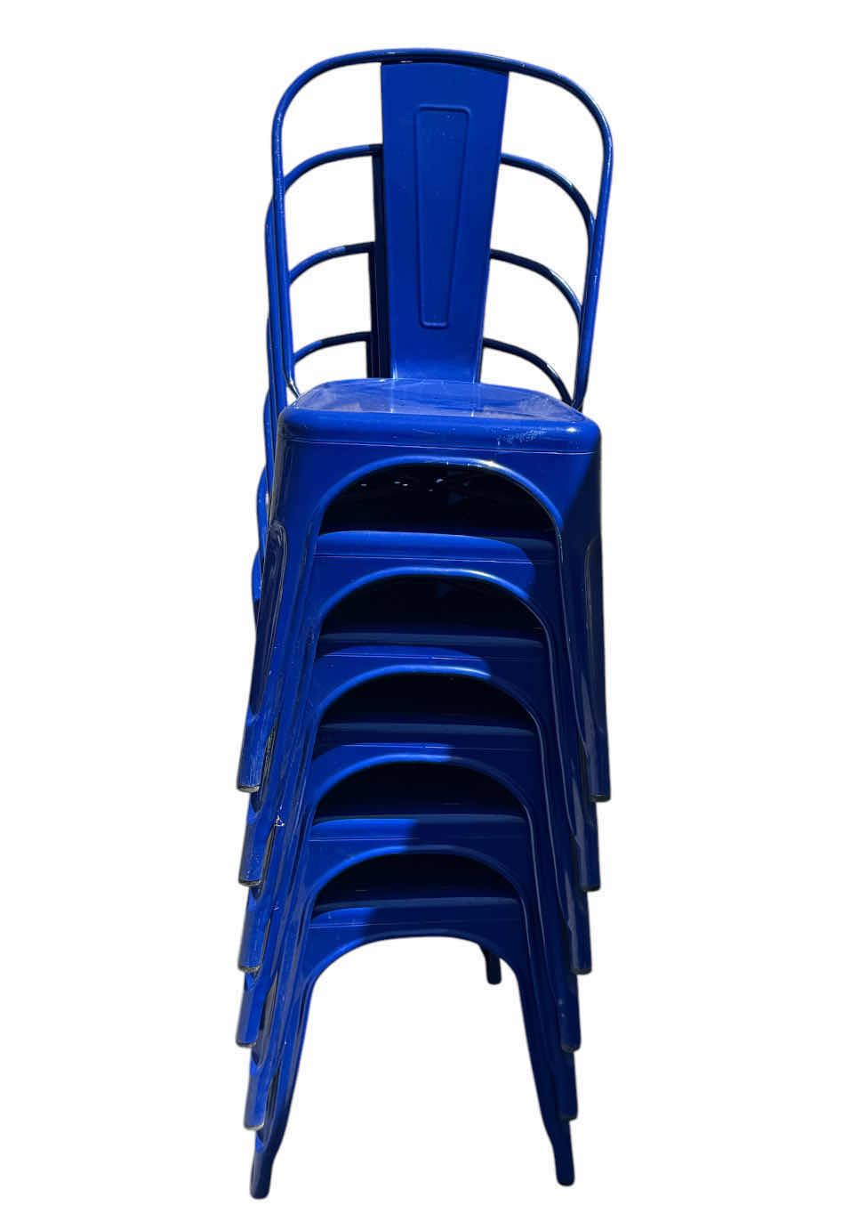 Photo 1 of 6- BLUE STACKABLE METAL CHAIRS, OUTDOOR/INDOOR CHAIRS 

14” X 14” X H33”