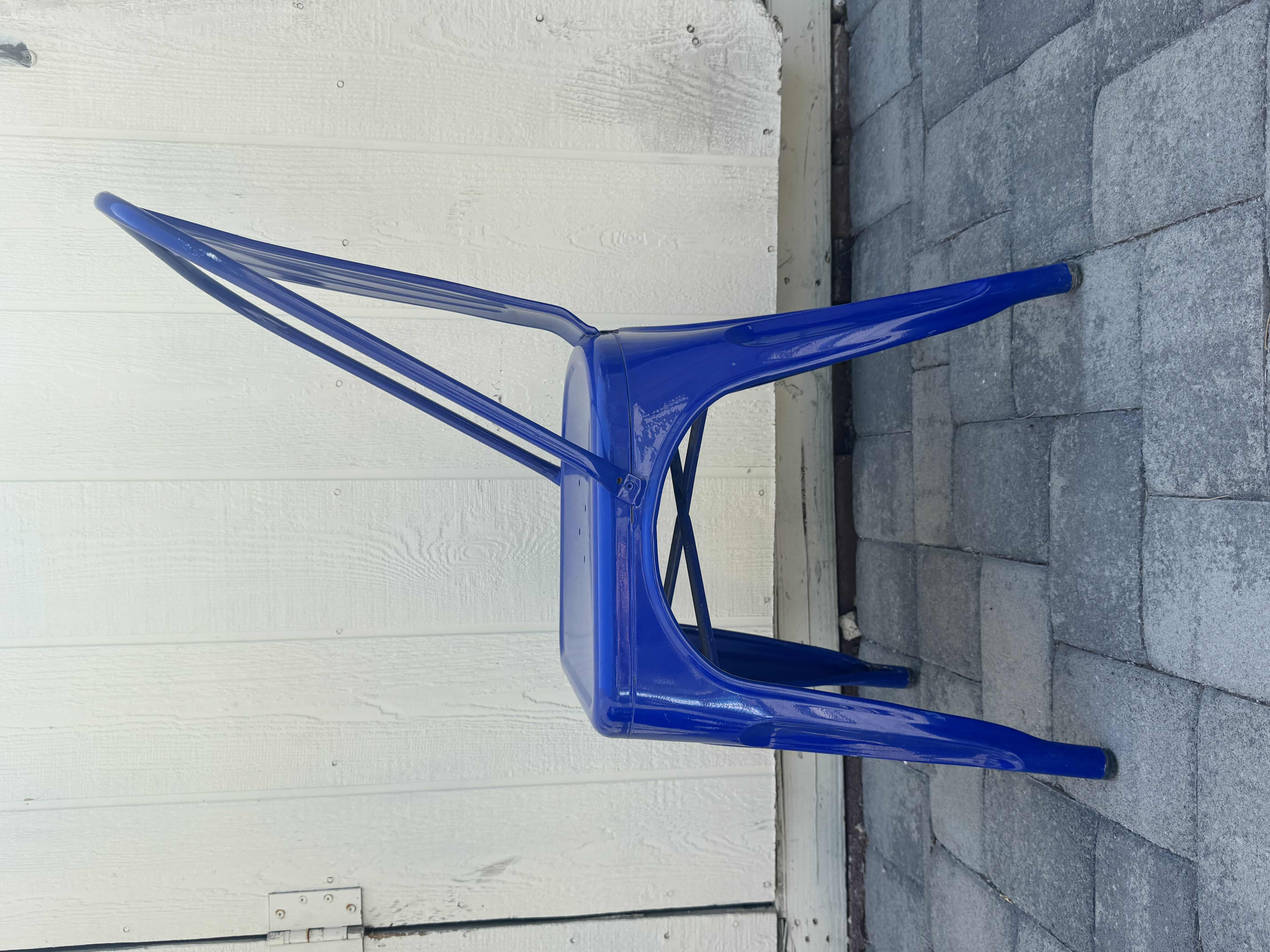 Photo 1 of 6- BLUE STACKABLE METAL CHAIRS, OUTDOOR/INDOOR CHAIRS 

14” X 14” X H33”