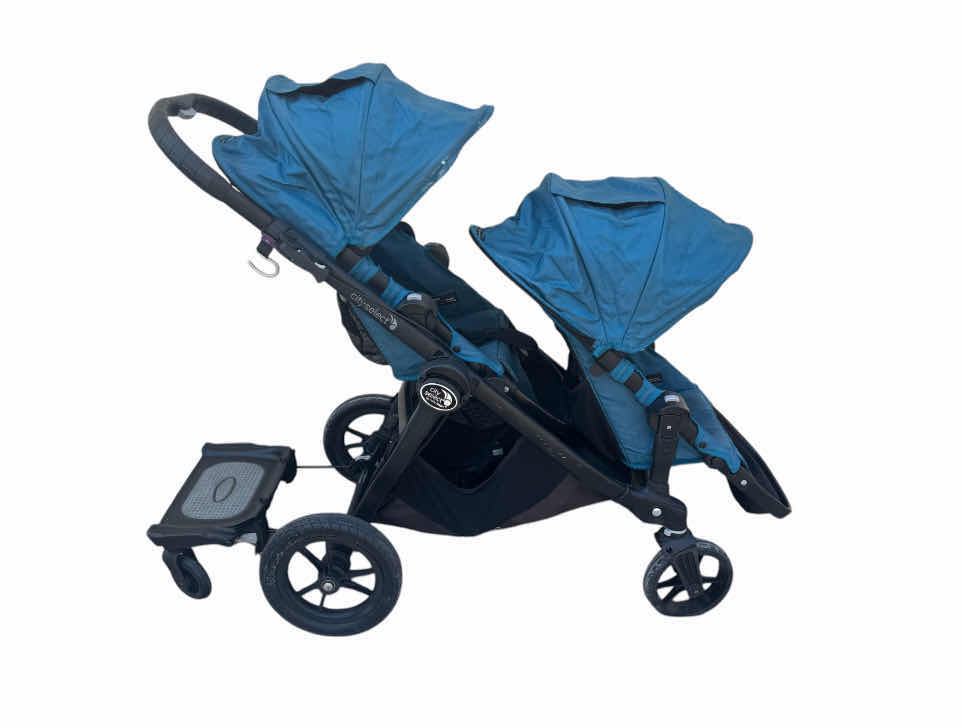Photo 1 of BABY JOGGER CITY SELECT DOUBLE STROLLER WITH GLIDER BOARD, BLUE/BLACK

56” X 21” X H42”