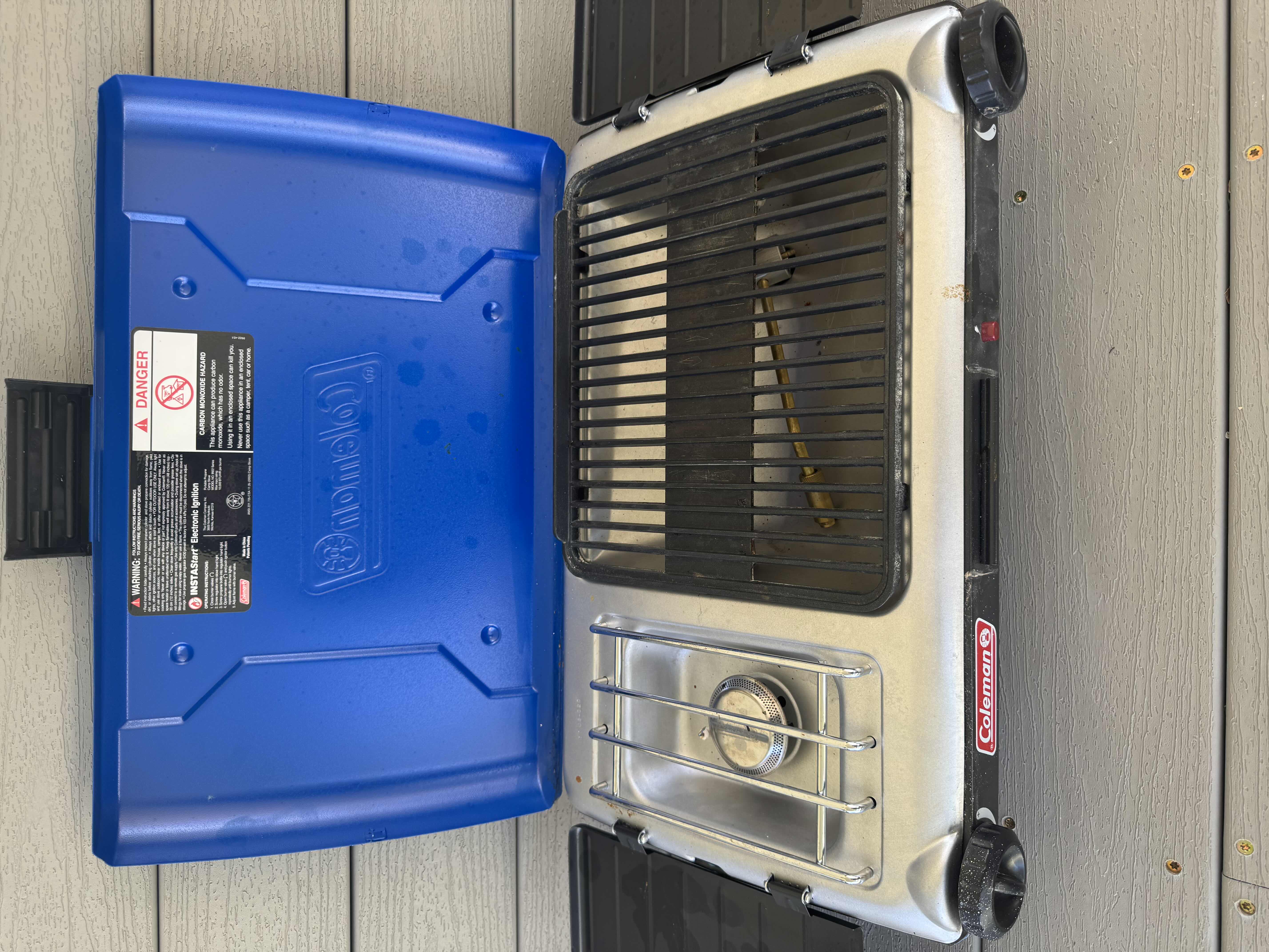 Photo 2 of COLEMAN BURNER PROPANE GRILL STOVE AND 2 PROPANE 16.4OZ TANKS, OUTDOOR, PORTABLE, BLUE

22” X 14.5” X H5.5”