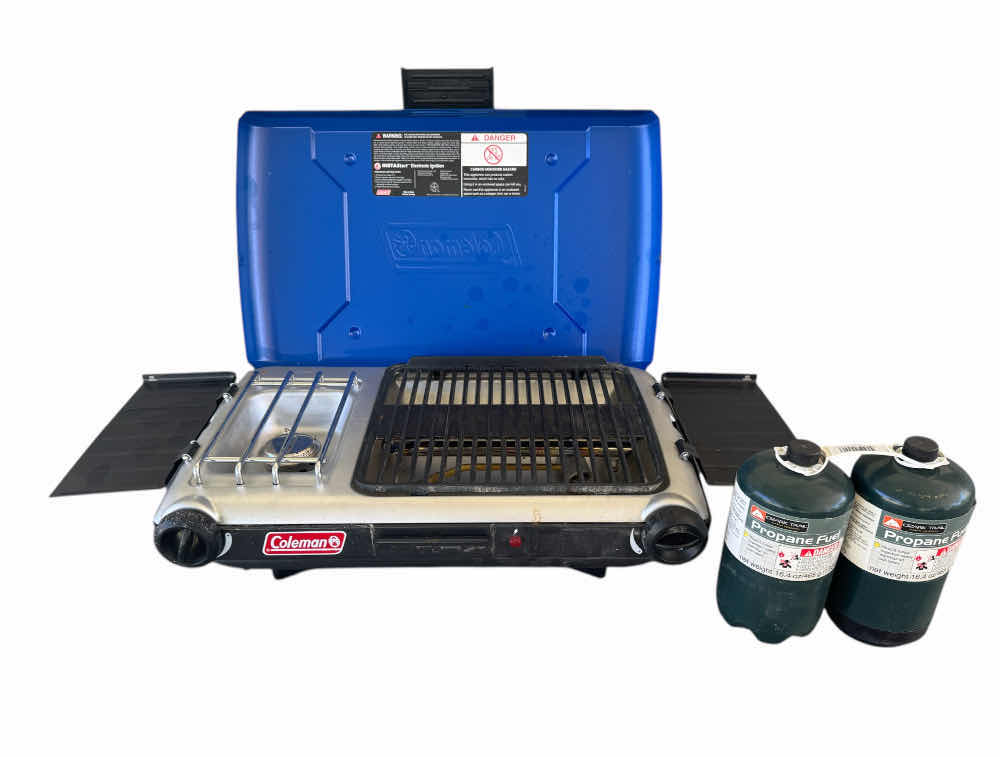 Photo 1 of COLEMAN BURNER PROPANE GRILL STOVE AND 2 PROPANE 16.4OZ TANKS, OUTDOOR, PORTABLE, BLUE

22” X 14.5” X H5.5”