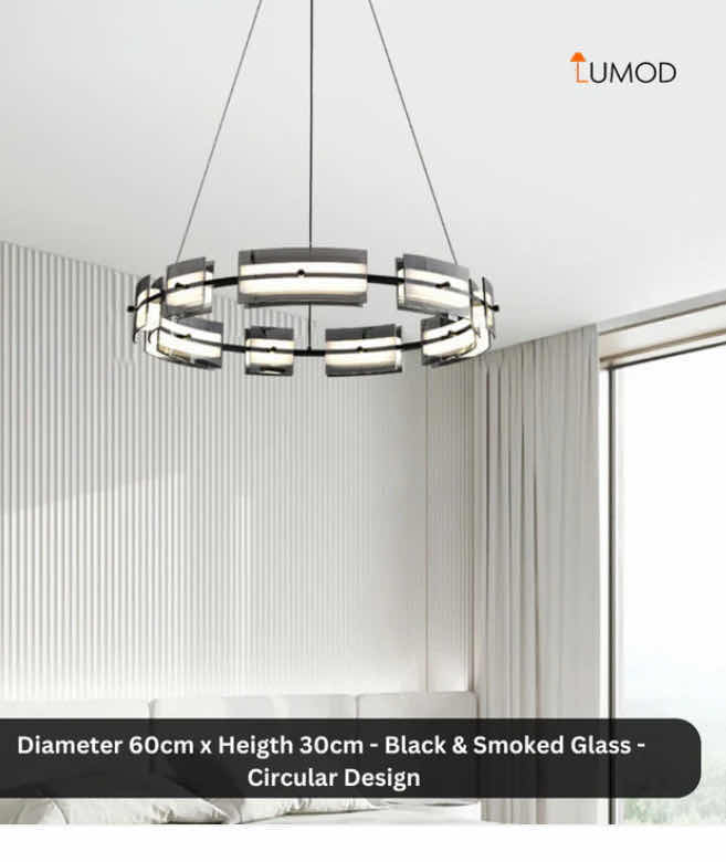 View 2 of NIB - SAXTON INDUSTRIAL BLACK MULTIPLE CIRCULAR HANGING LIGHT 60cm X 30cm LL-1008-MF