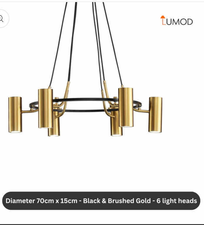 Photo 1 of NIB - HATTIE RETRO BLACK & BRUSHED GOLD LOFT MULTIPLE SHADE IRON CHANDELIER DIAMETER 70cm X 15cm LL-1059-MF