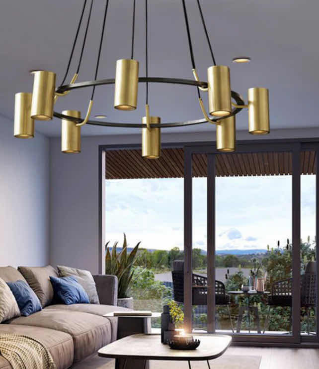 Photo 1 of NIB - HATTIE RETRO BLACK & BRUSHED GOLD LOFT MULTIPLE SHADE IRON CHANDELIER DIAMETER 110 X 15cm LL-1060MF