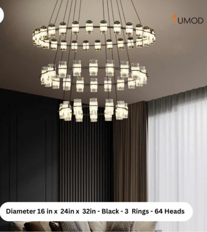 Photo 1 of NIB - GWENDOLEN BLACK 3 LAYER GEOMETRIC STYLE ROUND LED CHANDELIER DIAMETERS 16” 24” & 32” LL-1097-MF