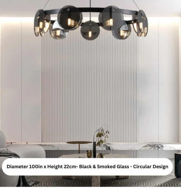 Photo 1 of NIB - BILLY BLACK & SMOKED GLASS SPUTNIK CIRCULAR DESIGN LED CHANDELIER 100cm x 22cm LL-1005-FM
