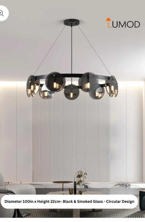 Photo 1 of NIB - BILLY BLACK & SMOKED GLASS SPUTNIK CIRCULAR DESIGN LED CHANDELIER 100cm x 22cm LL-1006-FM