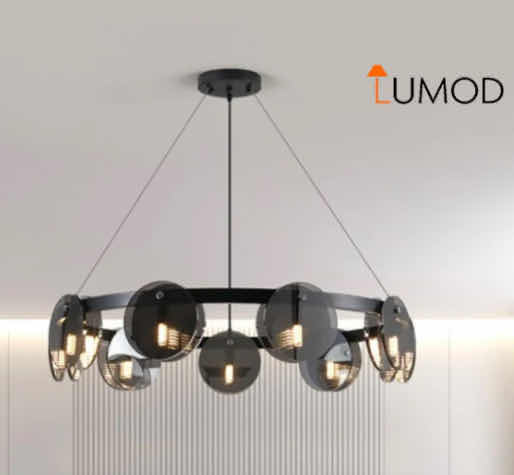 Photo 1 of NIB - BILLY BLACK & SMOKED GLASS SPUTNIK CIRCULAR DESIGN LED CHANDELIER 100cm x 22cm LL-1006-FM