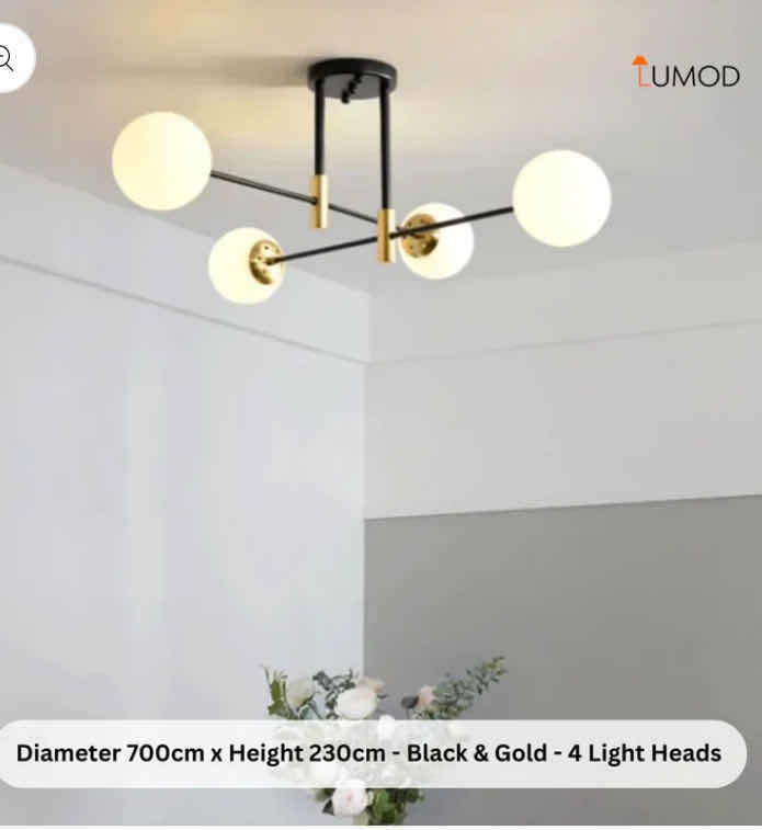 Photo 1 of NIB - JULIANA BLACK  & GOLD WITH FROSTED GLASS  4 HEAD ORBS CEILING LIGHT 700cm X 230cm LL-1017-MF