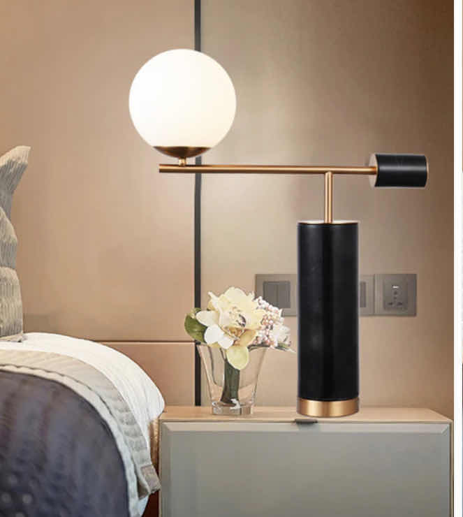 Photo 1 of NIB - BERNA MODERN BLACK & MARBLE GLASS BALL TABLE LAMP 16” x 26” LL-1042-MF