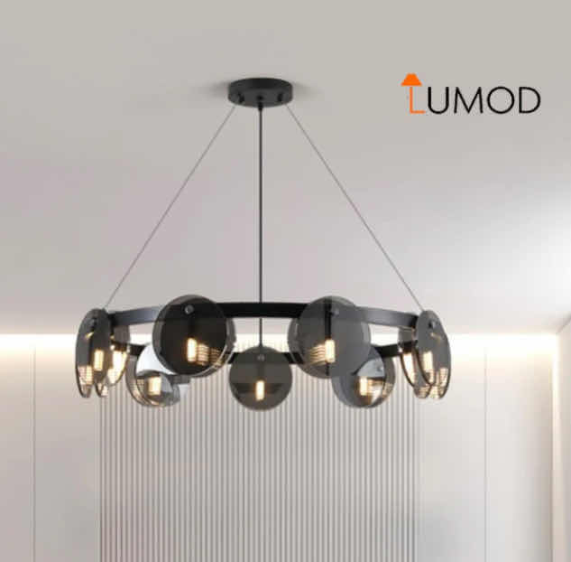 Photo 1 of NIB - BILLY BLACK SPUTNIK LED SMOKED GLASS 10 BULB CIRCULAR CHANDELIER 60cm X 22cm LL-1005-MF