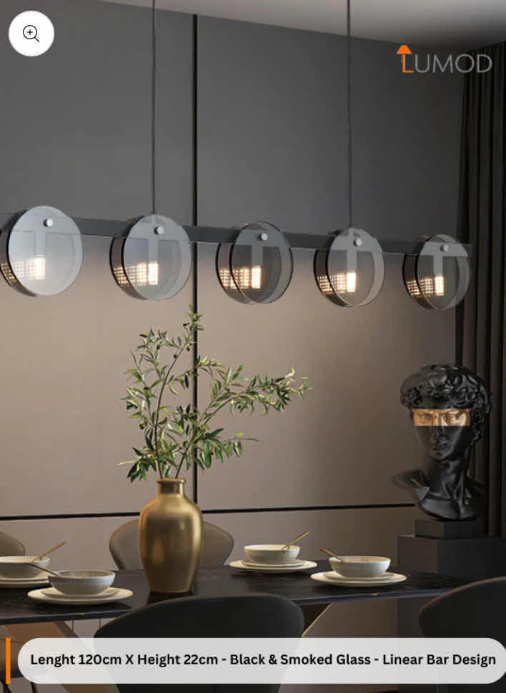 Photo 1 of NIB - BILLY BLACK SPUTNIK LED SMOKED GLASS 5 BULB LINEAR CHANDELIER 120cm X 22cm LL-1007-MF