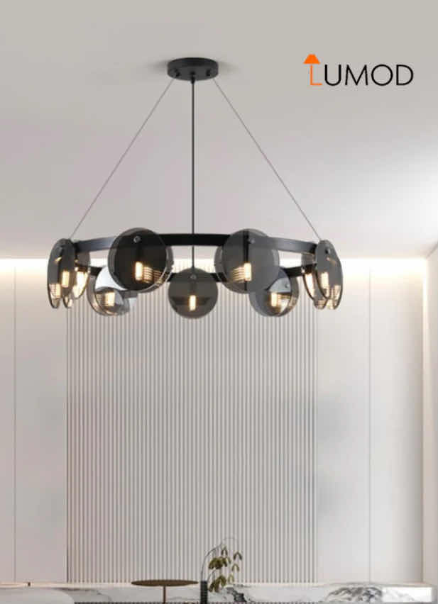 Photo 1 of NIB - BILLY BLACK SPUTNIK LED SMOKED GLASS 10 BULB CIRCULAR CHANDELIER 60cm X 22cm LL-1005-MF