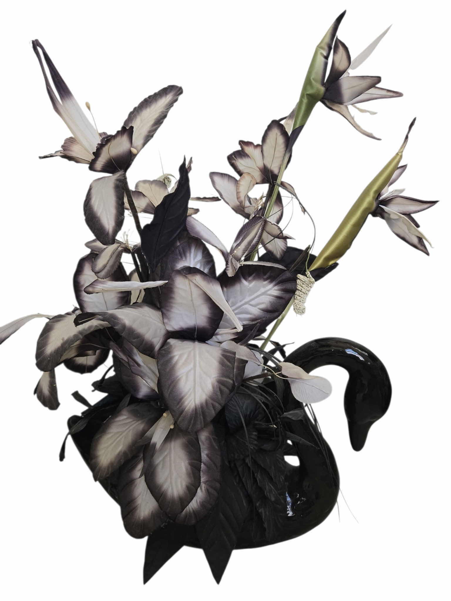 Photo 1 of BLACK CERAMIC SWAN WITH FAUX FLORALS OVERALL 19“ x 29“