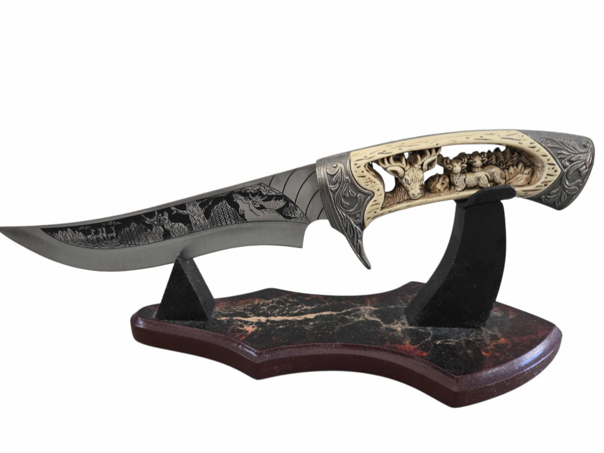 Photo 1 of CARVED HUNTING KNIFE ON STAND 12”