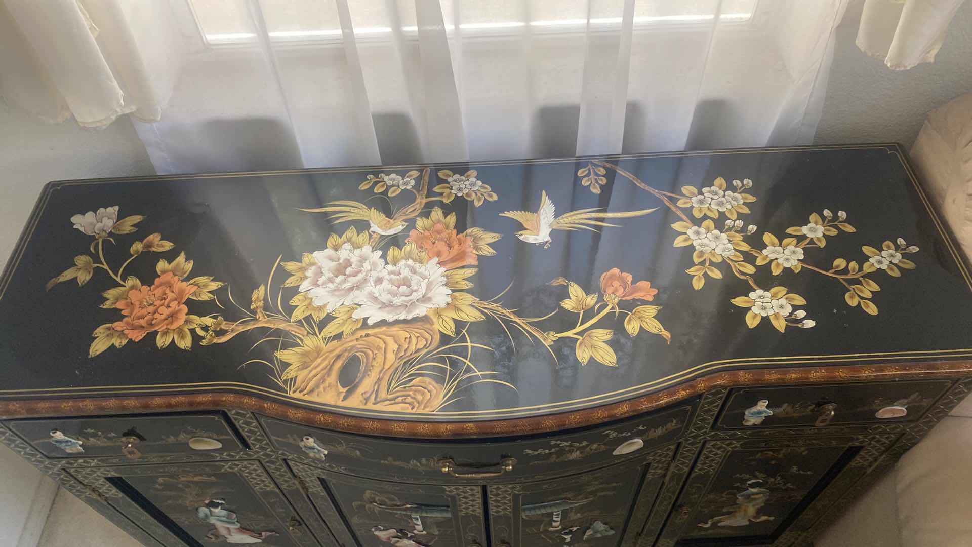 Photo 3 of CHINESE BLACK LACQUER WITH MOTHER OF PEARL SIDEBOARD 48“ x 16“ H33 1/2”