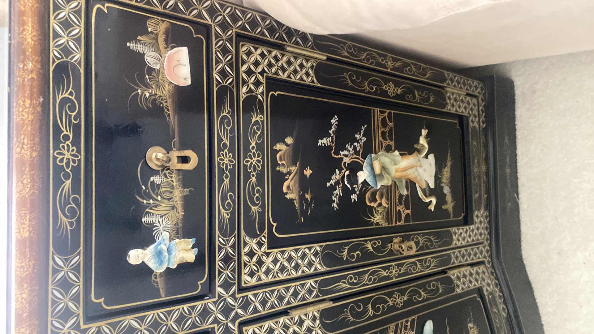 Photo 1 of CHINESE BLACK LACQUER WITH MOTHER OF PEARL SIDEBOARD 48“ x 16“ H33 1/2”