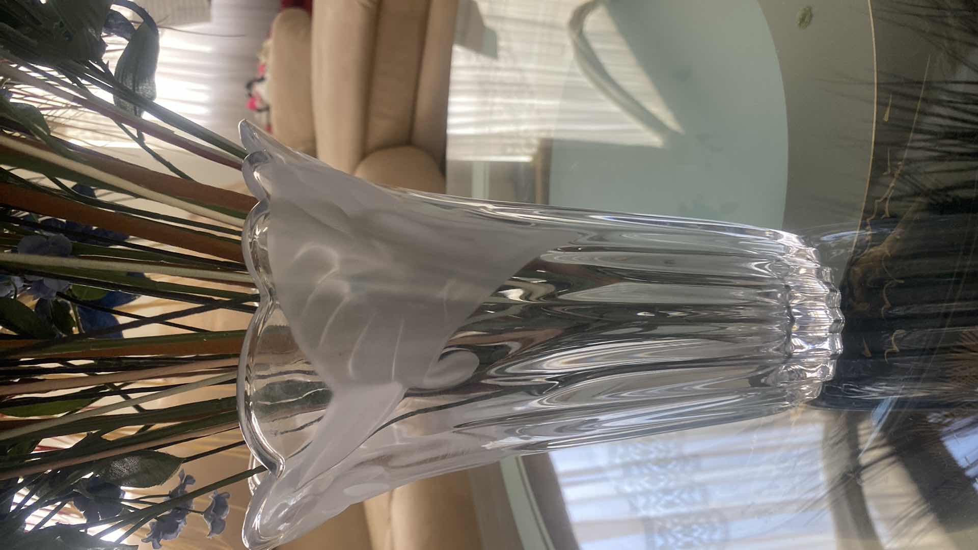 Photo 1 of FROSTED CRYSTAL VASE H9 1/2” WITH FAUX FLOWERS