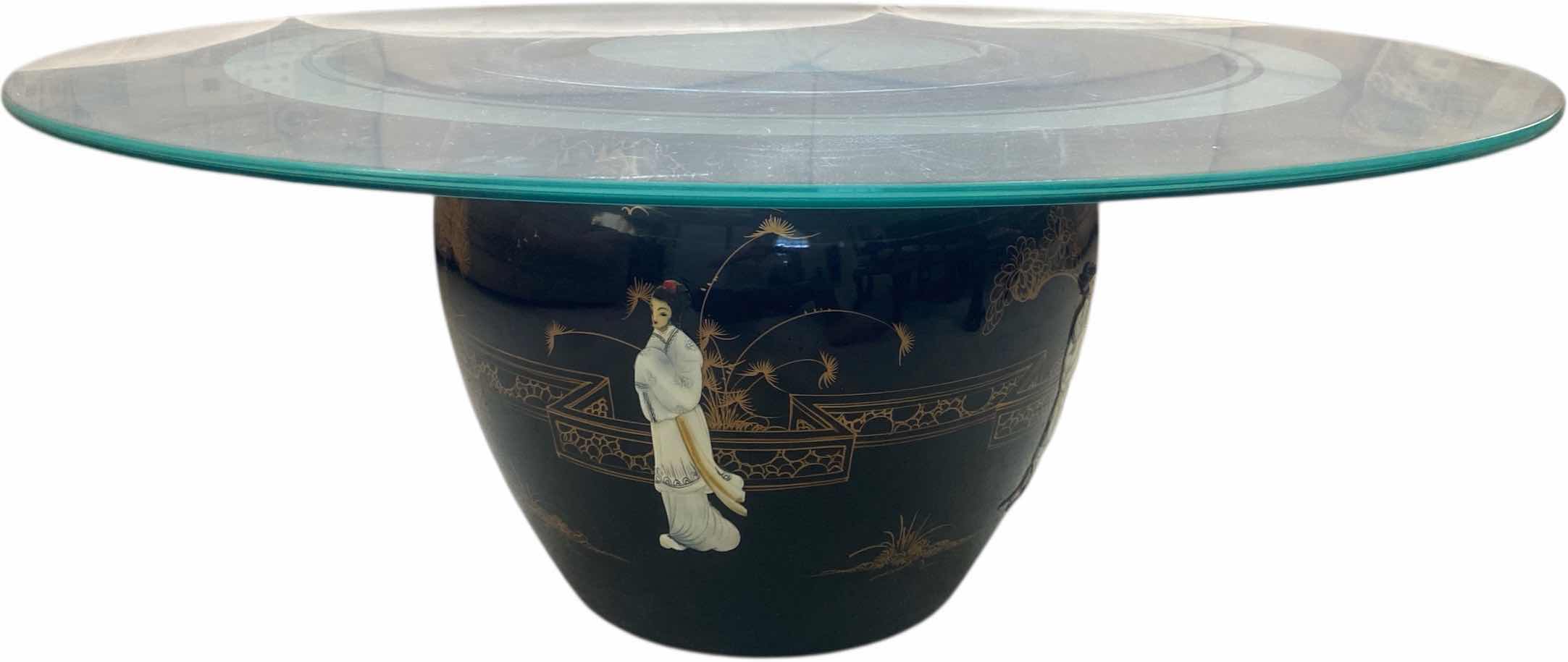 Photo 1 of 42” FROSTED GLASS TOP CHINESE BLACK LACQUER W: MOTHER OF PEARL FISH BOWL DESIGN COFFEE TABLE H17”