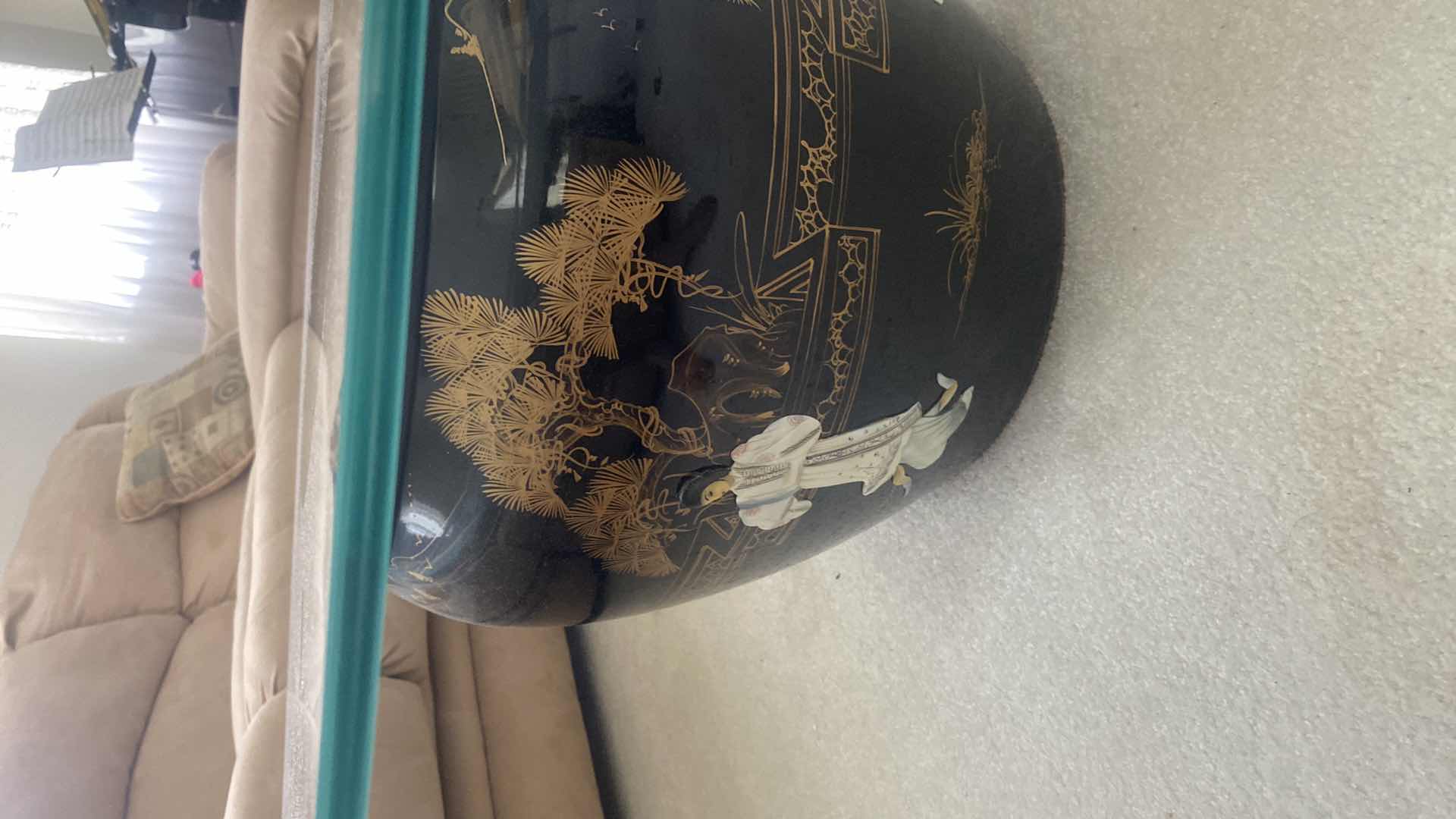 Photo 1 of 42” FROSTED GLASS TOP CHINESE BLACK LACQUER W: MOTHER OF PEARL FISH BOWL DESIGN COFFEE TABLE H17”