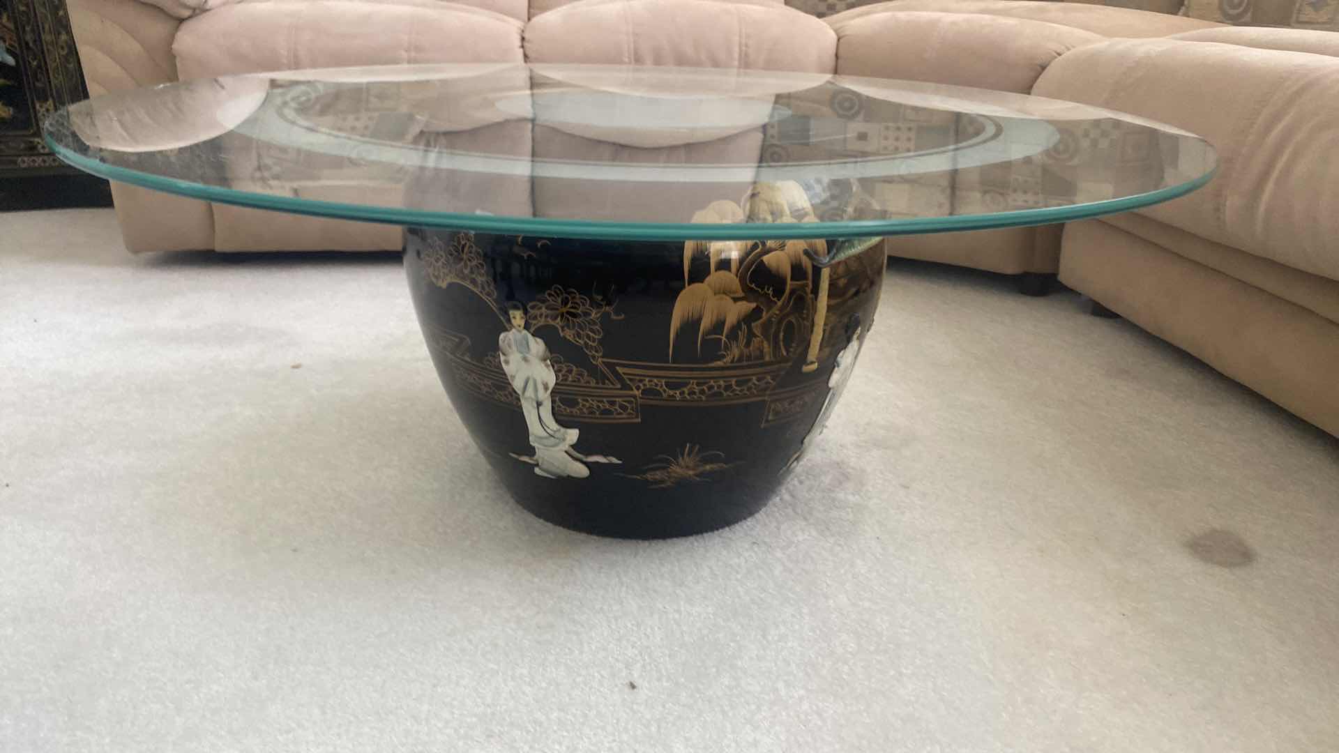 Photo 1 of 42” FROSTED GLASS TOP CHINESE BLACK LACQUER W: MOTHER OF PEARL FISH BOWL DESIGN COFFEE TABLE H17”