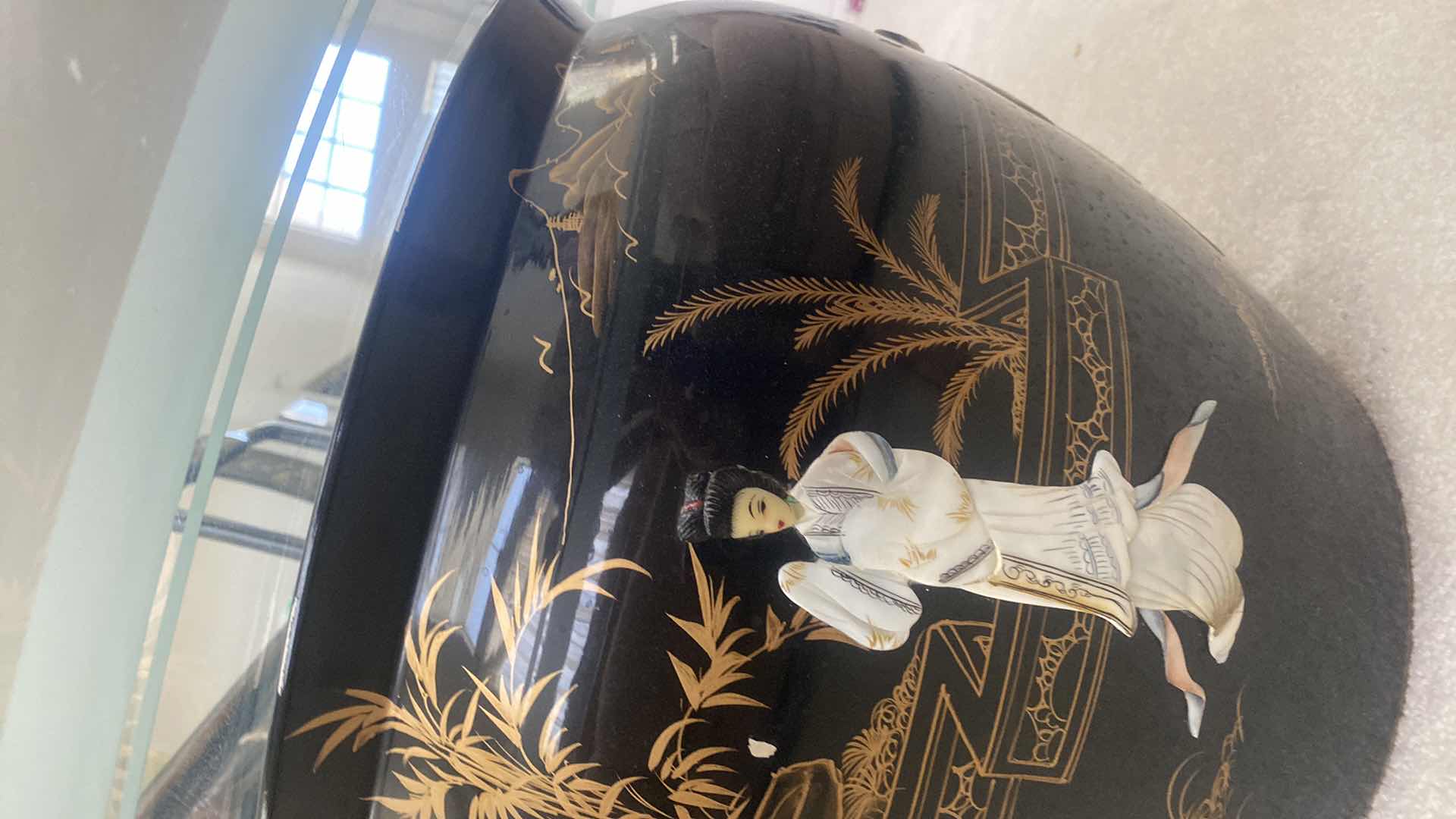 Photo 1 of 42” FROSTED GLASS TOP CHINESE BLACK LACQUER W: MOTHER OF PEARL FISH BOWL DESIGN COFFEE TABLE H17”