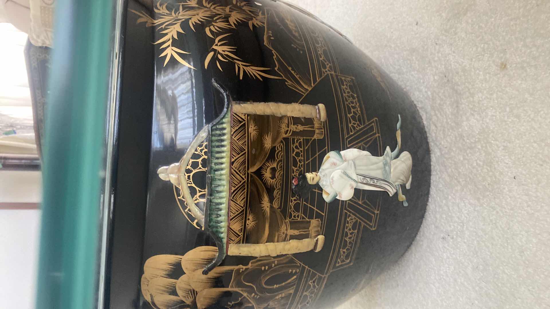 Photo 1 of 42” FROSTED GLASS TOP CHINESE BLACK LACQUER W: MOTHER OF PEARL FISH BOWL DESIGN COFFEE TABLE H17”