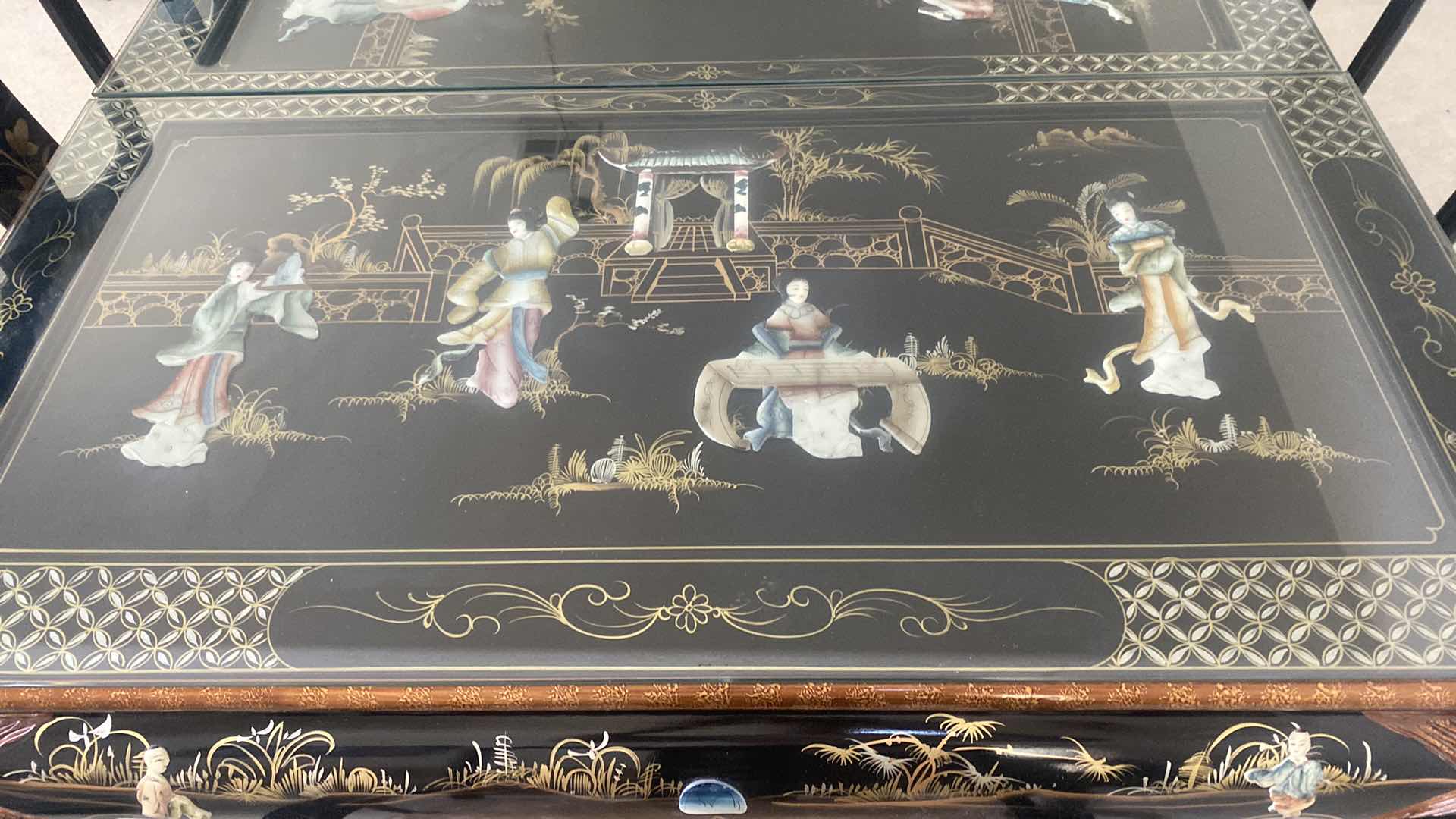 Photo 2 of BLACK LACQUER DINING  TABLE WITH GLASS TOP / MOTHER OF PEARL 46” x 46” H31” WITH 2 LEAFS 20” EACH = MAX SIZE 86” x 46” H31” (6 side chairs 2 armchairs and table available all sold separately)