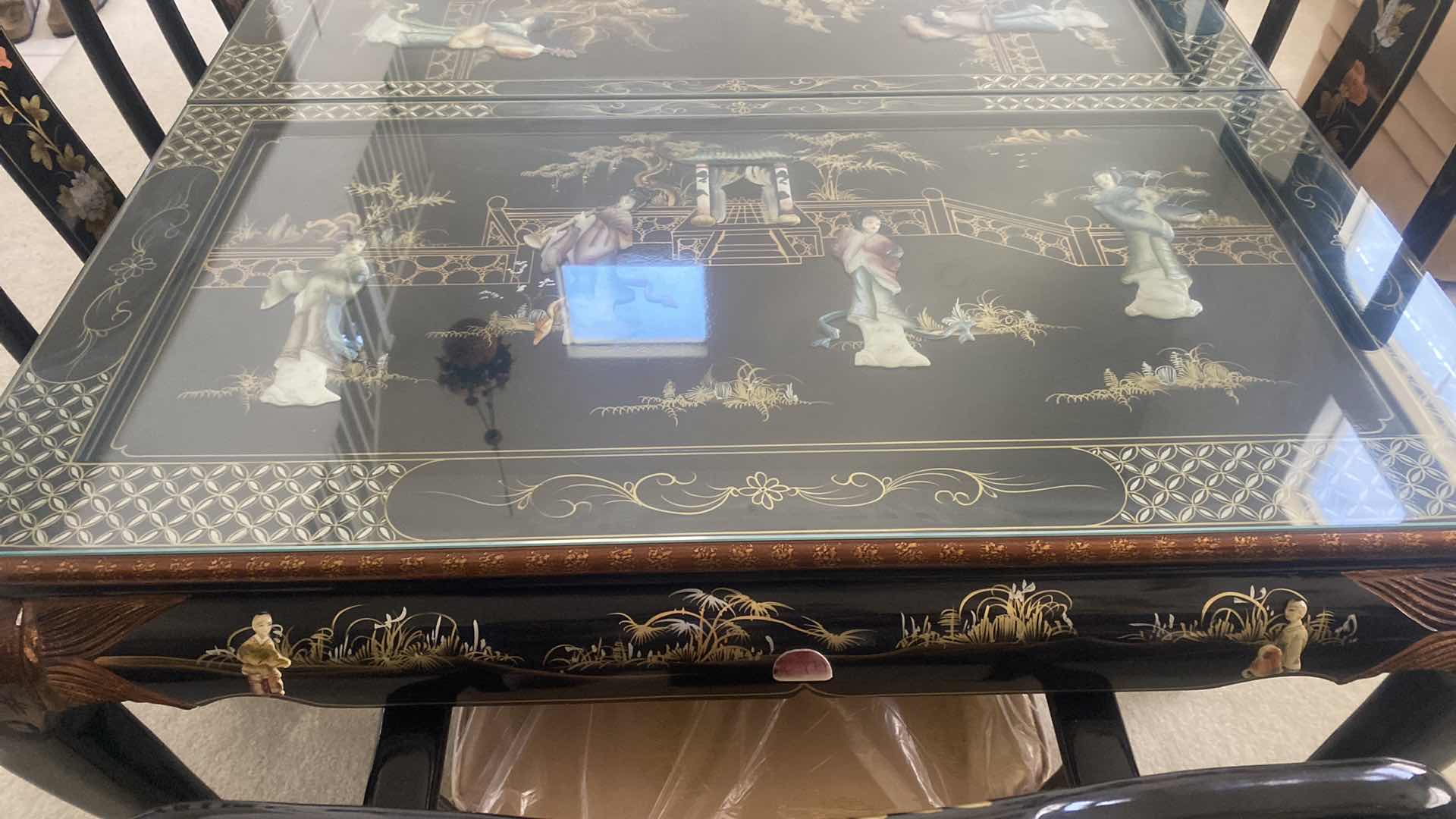 Photo 5 of BLACK LACQUER DINING  TABLE WITH GLASS TOP / MOTHER OF PEARL 46” x 46” H31” WITH 2 LEAFS 20” EACH = MAX SIZE 86” x 46” H31” (6 side chairs 2 armchairs and table available all sold separately)