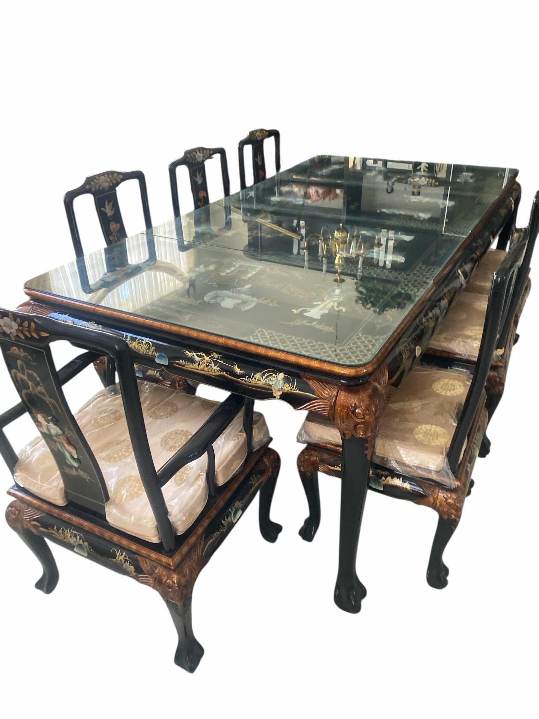 Photo 1 of BLACK LACQUER DINING  TABLE WITH GLASS TOP / MOTHER OF PEARL 46” x 46” H31” WITH 2 LEAFS 20” EACH = MAX SIZE 86” x 46” H31” (6 side chairs 2 armchairs and table available all sold separately)