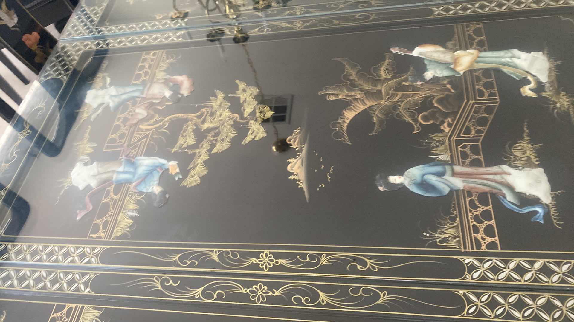 Photo 1 of BLACK LACQUER DINING  TABLE WITH GLASS TOP / MOTHER OF PEARL 46” x 46” H31” WITH 2 LEAFS 20” EACH = MAX SIZE 86” x 46” H31” (6 side chairs 2 armchairs and table available all sold separately)