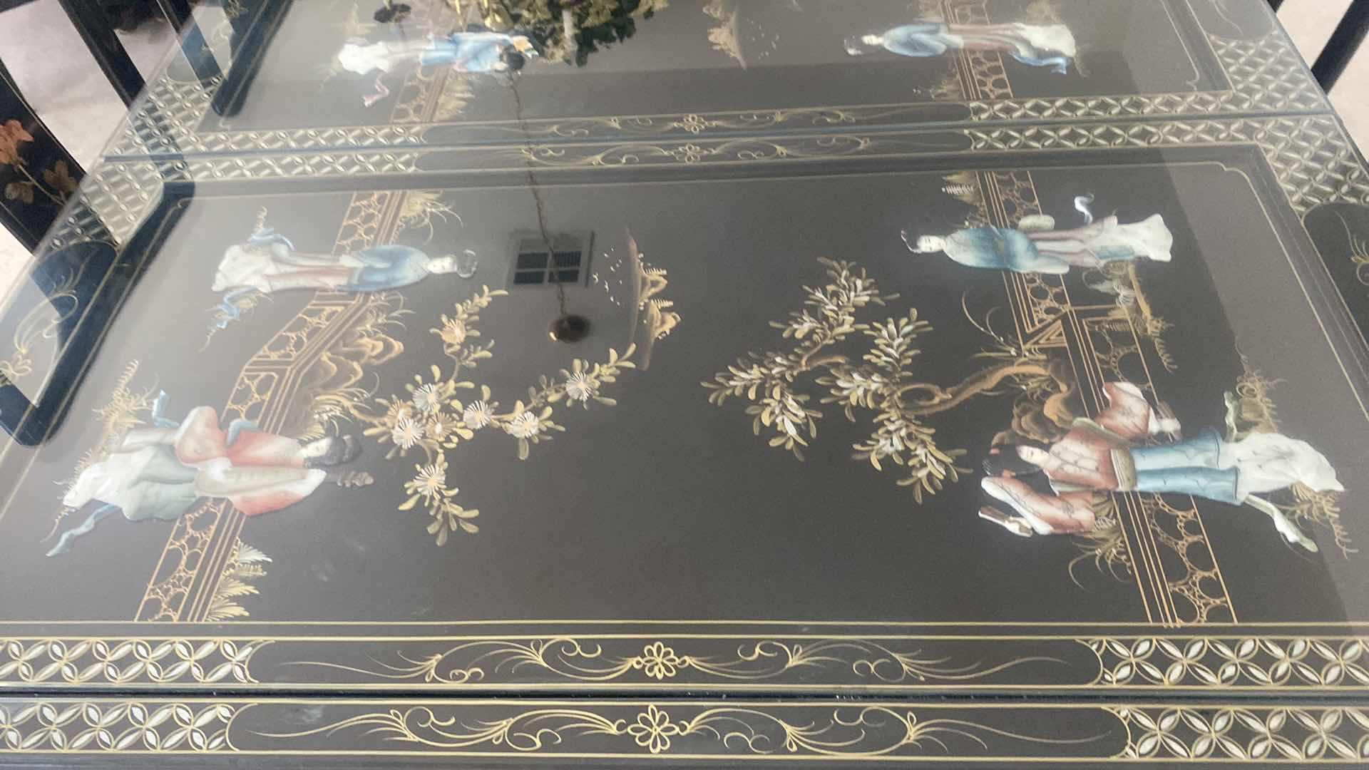 Photo 3 of BLACK LACQUER DINING  TABLE WITH GLASS TOP / MOTHER OF PEARL 46” x 46” H31” WITH 2 LEAFS 20” EACH = MAX SIZE 86” x 46” H31” (6 side chairs 2 armchairs and table available all sold separately)