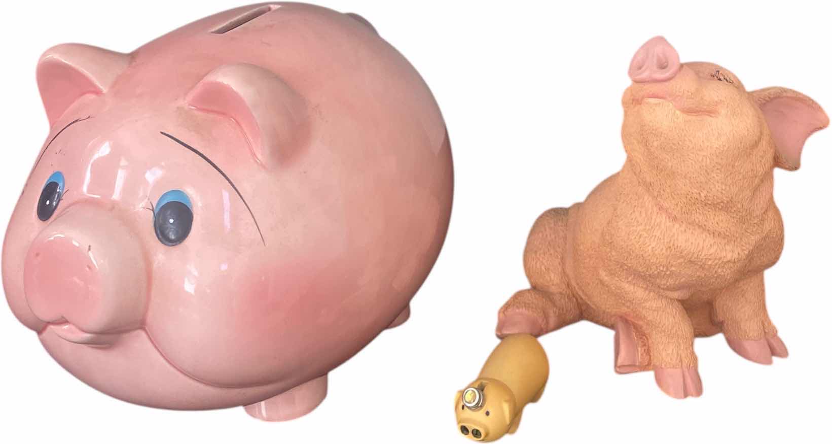 Photo 1 of 2 RESIN PIGS & 1 GLAZED PIGGY BANK 10“ x 7“