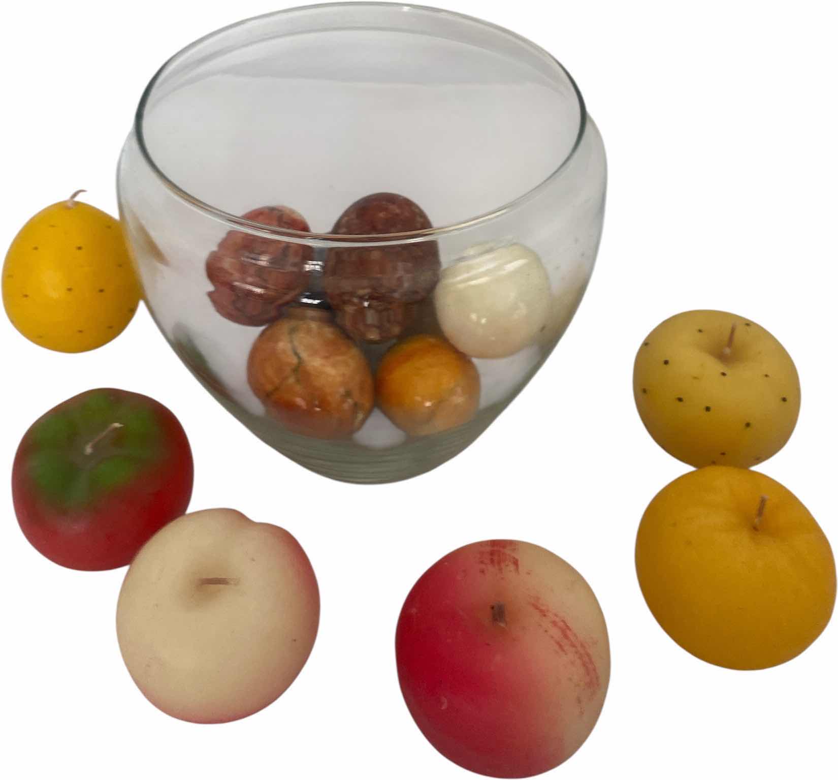 Photo 1 of GLASS BOWL OF FRUIT CANDLES & MARBLE EGGS BOWL IS 6 1/2” x 6”