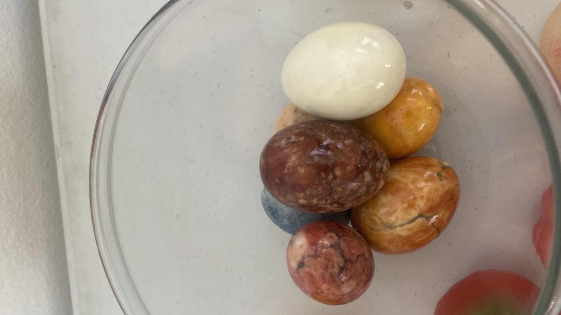 Photo 2 of GLASS BOWL OF FRUIT CANDLES & MARBLE EGGS BOWL IS 6 1/2” x 6”