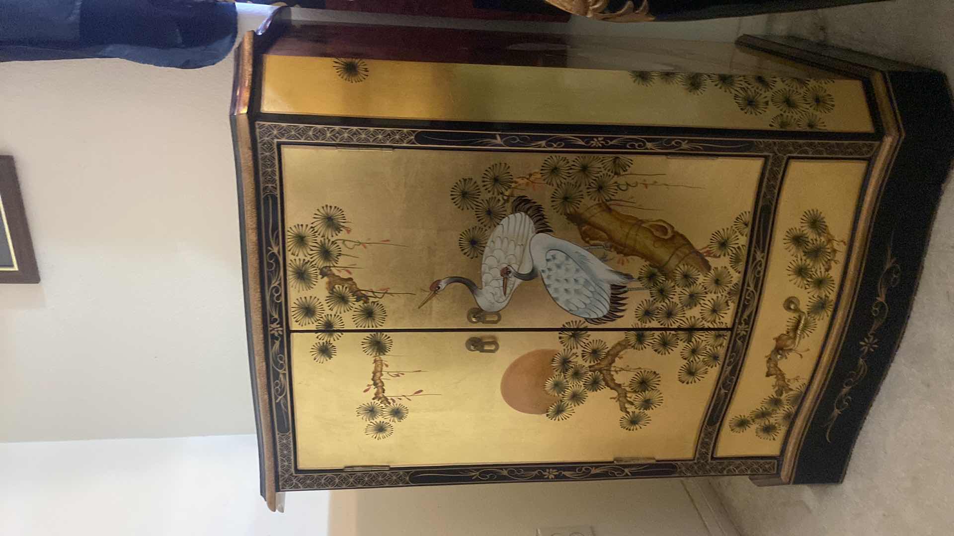 Photo 1 of GOLD LEAF LACQUER CABINET CRANES MOTIF W/2 DOORS 1 DRAWER 28“ x 18“ H35”