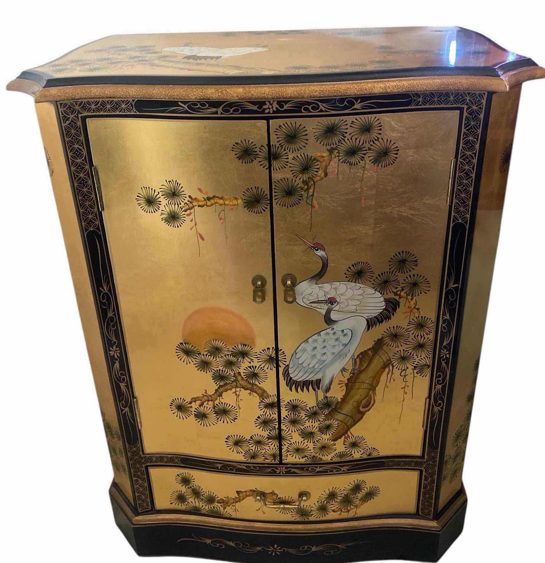 Photo 1 of GOLD LEAF LACQUER CABINET CRANES MOTIF W/2 DOORS 1 DRAWER 28“ x 18“ H35”