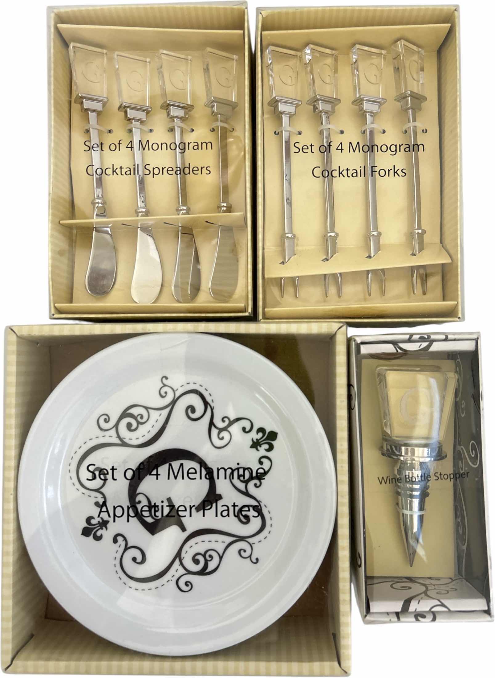 Photo 1 of NEW MONOGRAM “G” COCKTAIL SPEADERS, FORKS, WINE STOPPER AND APPETIZER PLATES