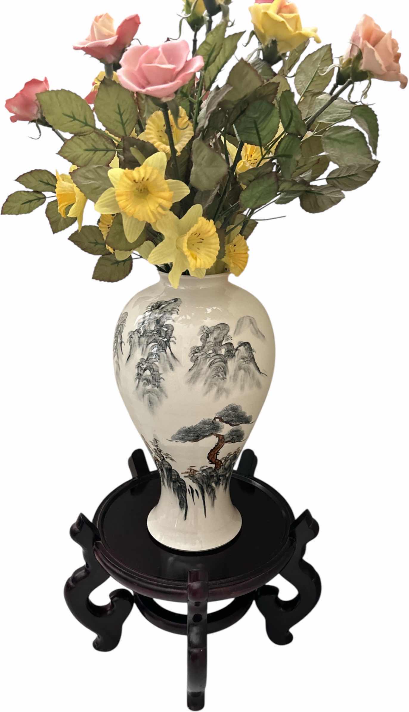 Photo 1 of ASIAN INSPIRED PORCELAIN VASE H15” WOOD STAND AND PORCELAIN FLOWERS FROM ITALY AND FAUX FLOWERS