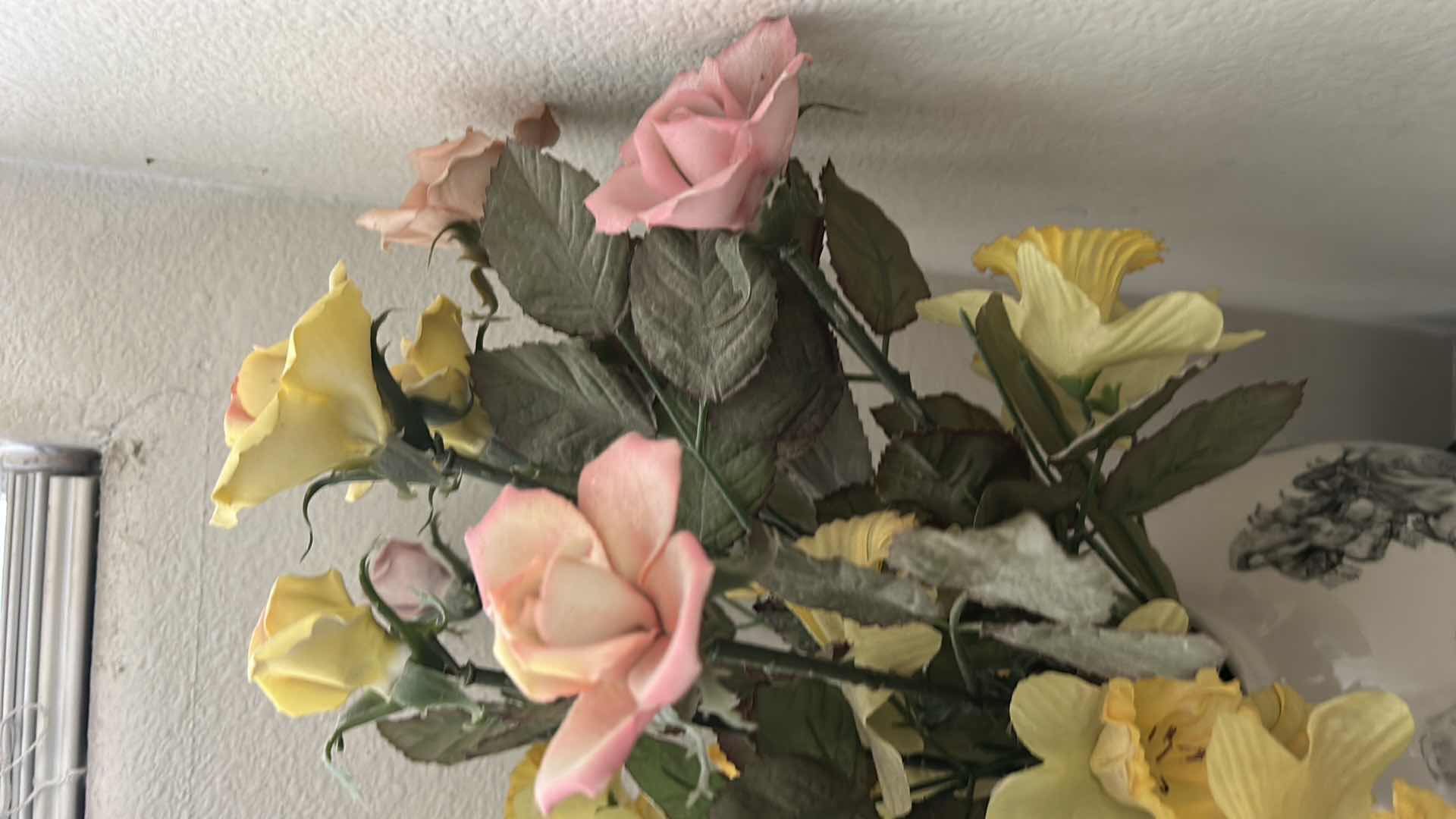 Photo 6 of ASIAN INSPIRED PORCELAIN VASE H15” WOOD STAND AND PORCELAIN FLOWERS FROM ITALY AND FAUX FLOWERS