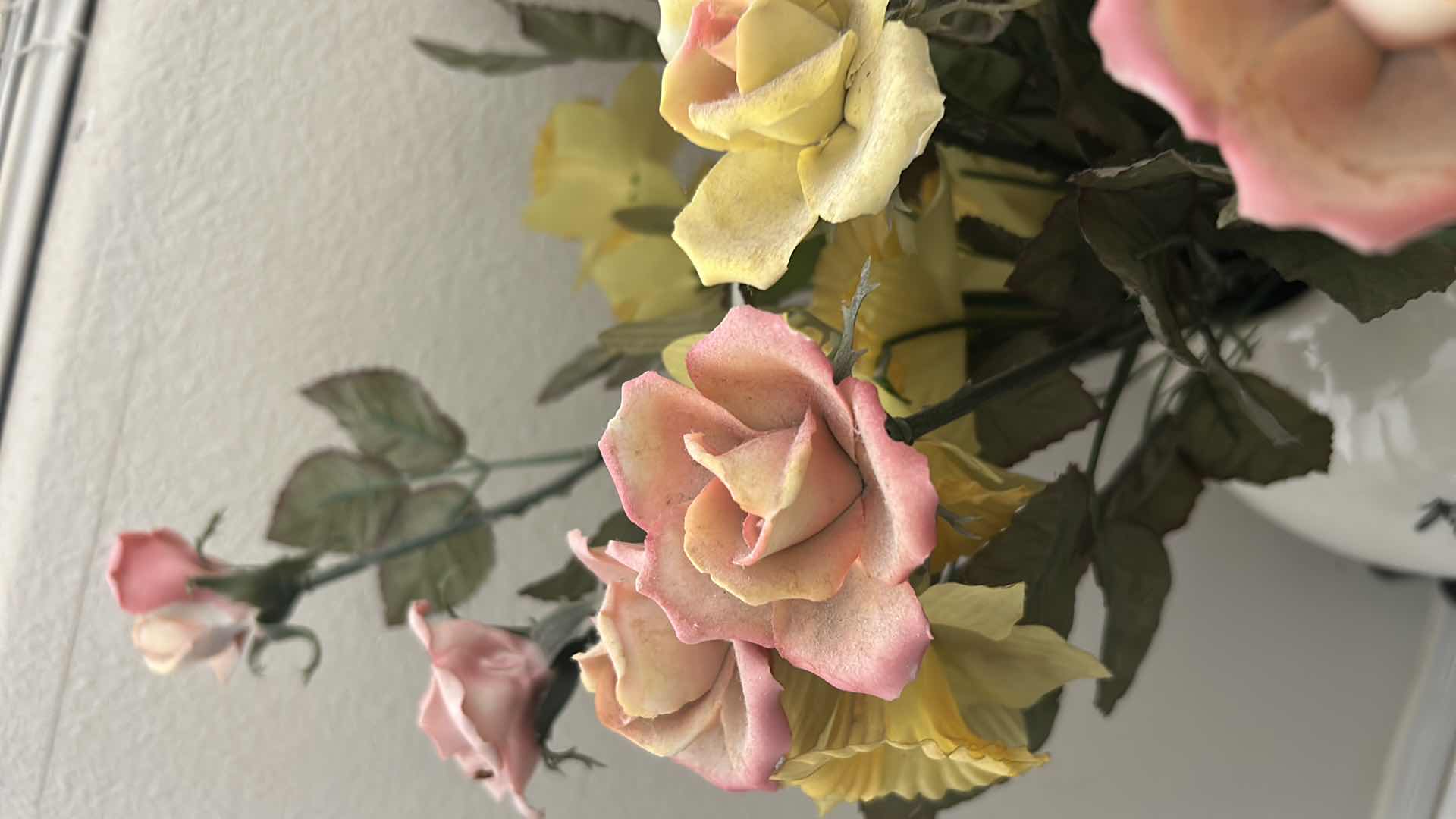 Photo 5 of ASIAN INSPIRED PORCELAIN VASE H15” WOOD STAND AND PORCELAIN FLOWERS FROM ITALY AND FAUX FLOWERS