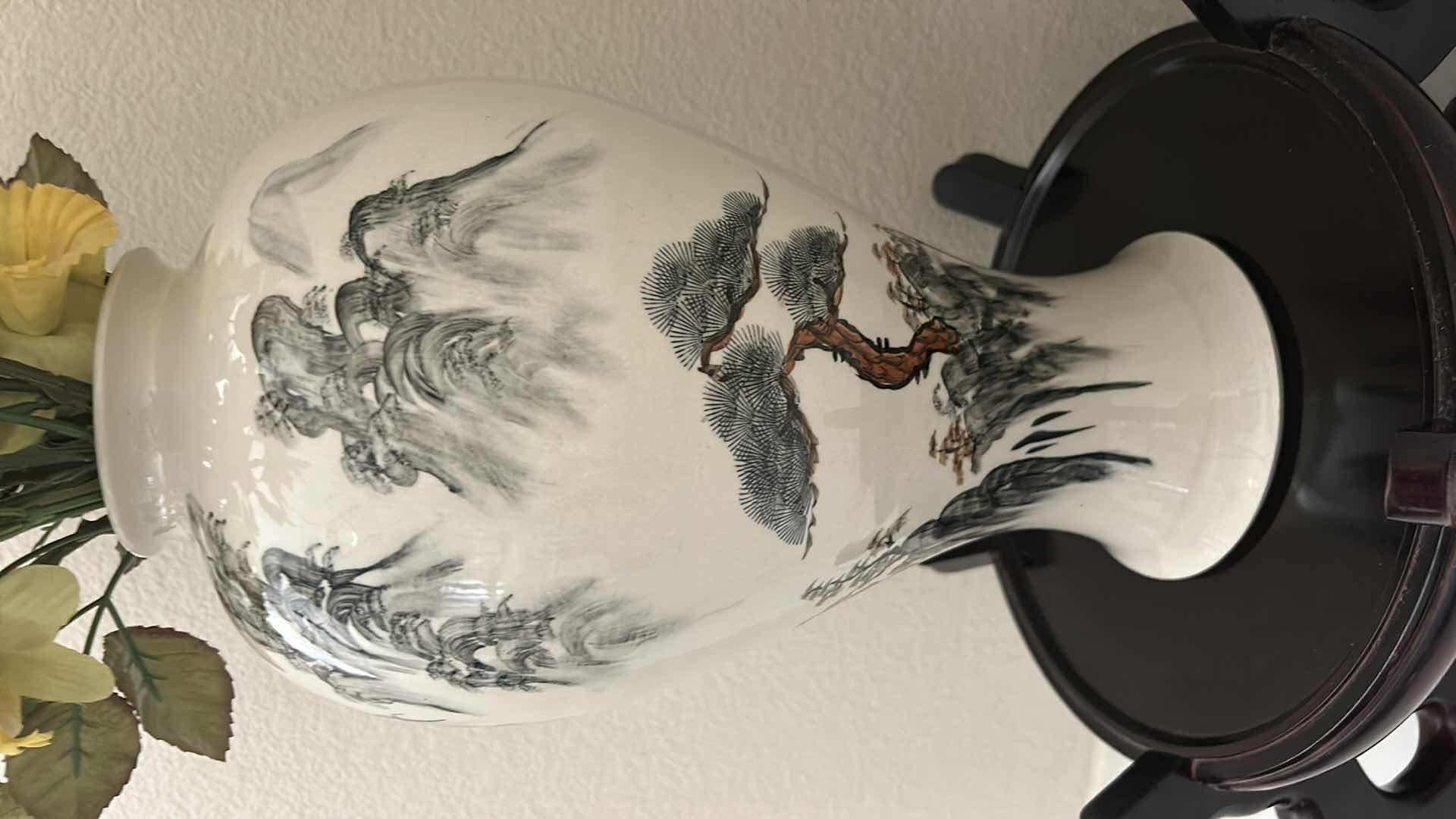 Photo 2 of ASIAN INSPIRED PORCELAIN VASE H15” WOOD STAND AND PORCELAIN FLOWERS FROM ITALY AND FAUX FLOWERS