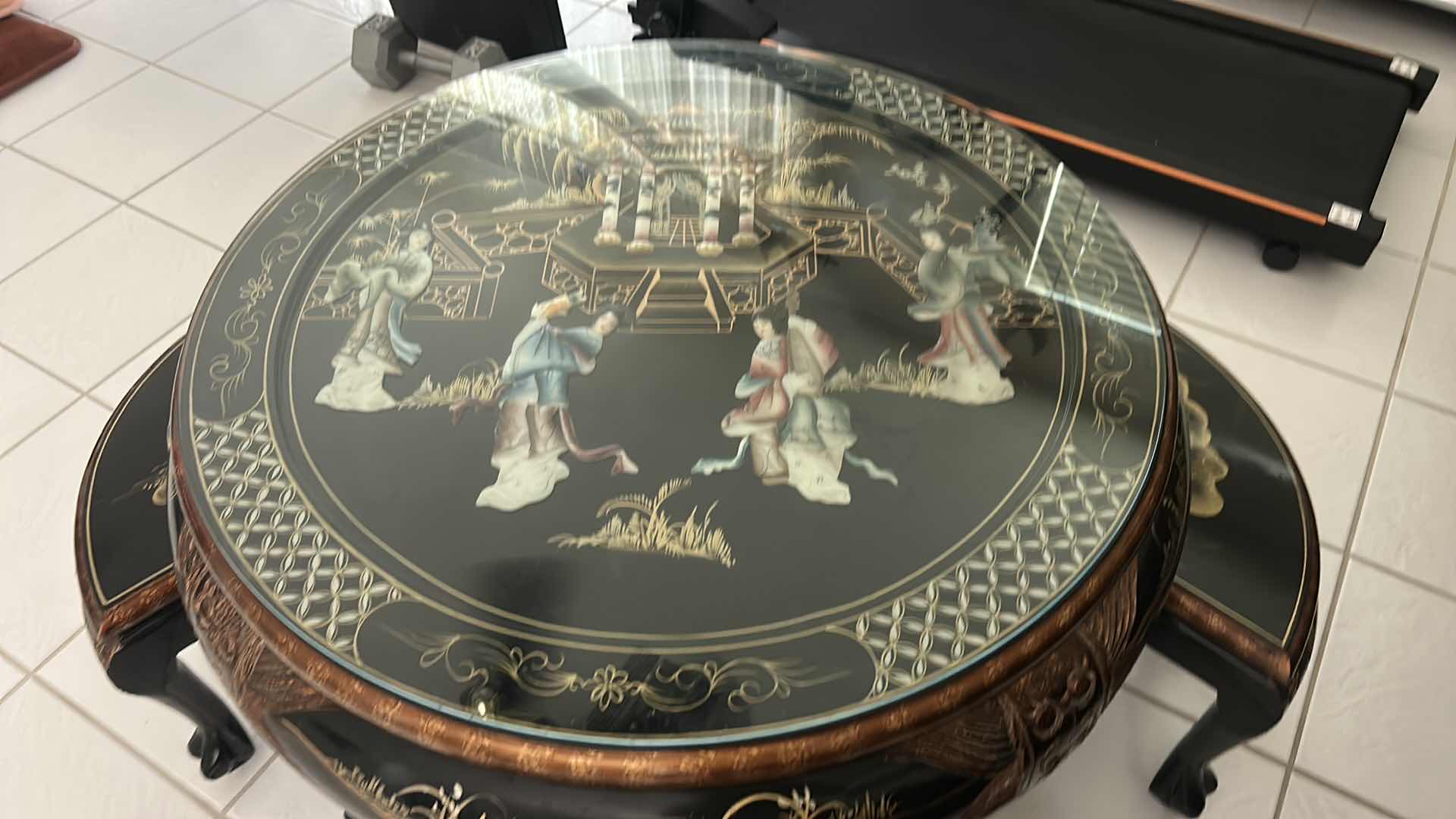 Photo 1 of BLACK LACQUER CHINOISERIE COFFEE TABLE SET 33” X H21”
