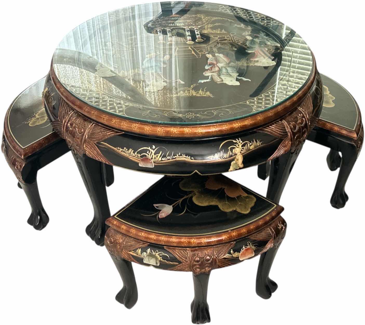 Photo 1 of BLACK LACQUER CHINOISERIE COFFEE TABLE SET 33” X H21”