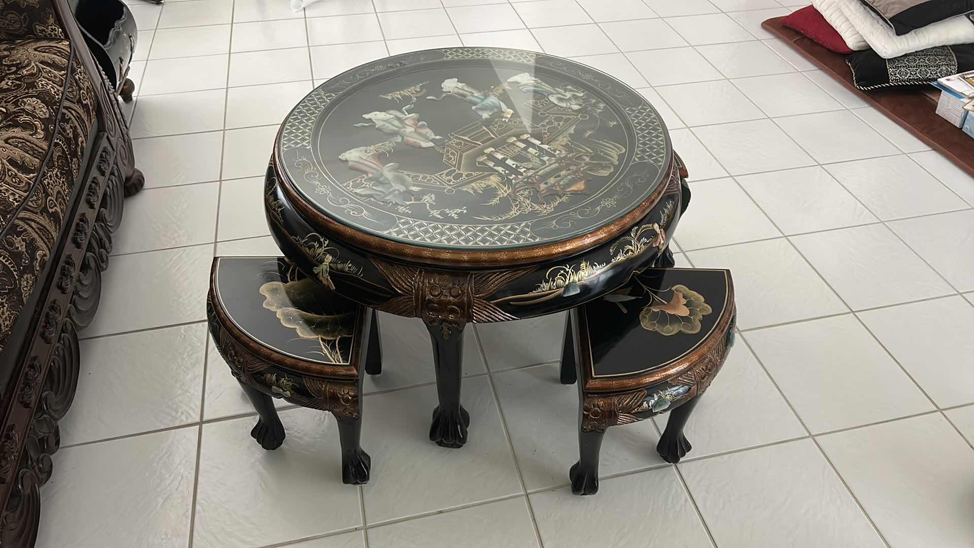 Photo 6 of BLACK LACQUER CHINOISERIE COFFEE TABLE SET 33” X H21”