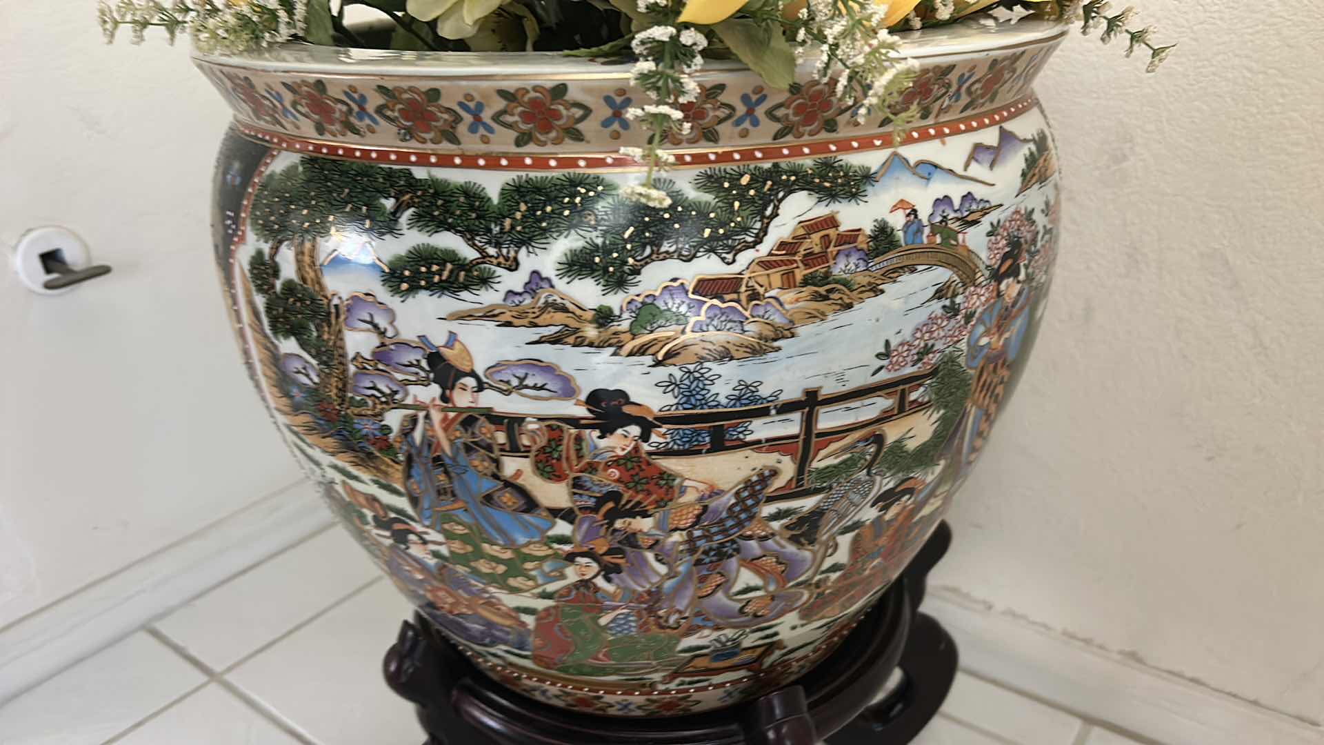 Photo 1 of ASIAN FISH BOWL POT AND STAND WITH FAUX FLOWERS 16” x H13”