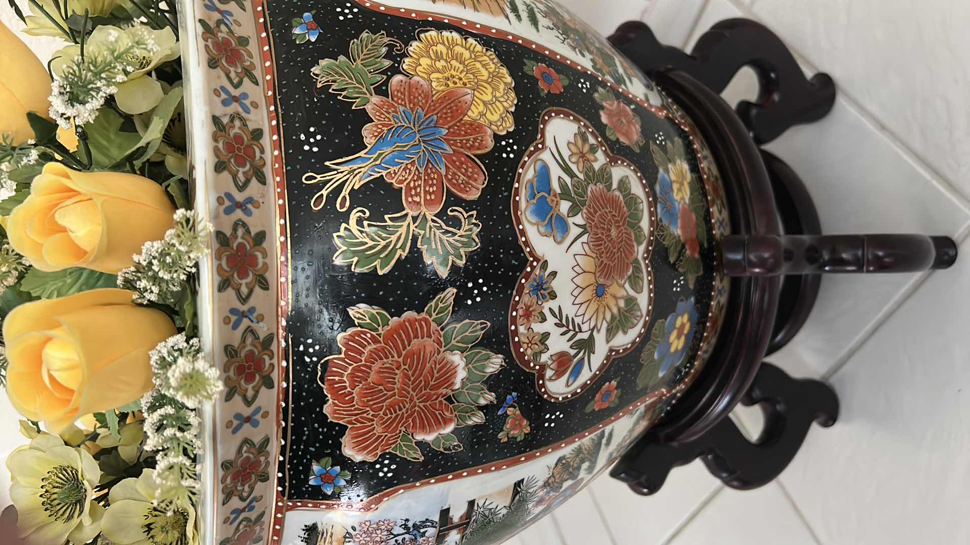 Photo 1 of ASIAN FISH BOWL POT AND STAND WITH FAUX FLOWERS 16” x H13”