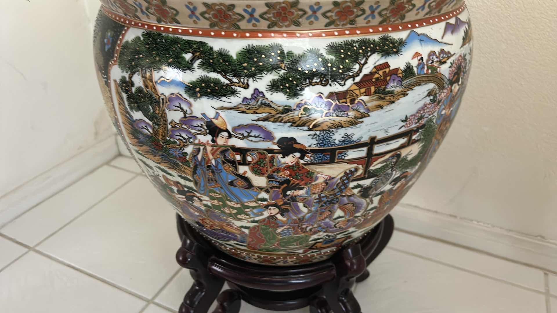 Photo 1 of ASIAN FISH BOWL POT AND STAND WITH FAUX FLOWERS 16” x H13”