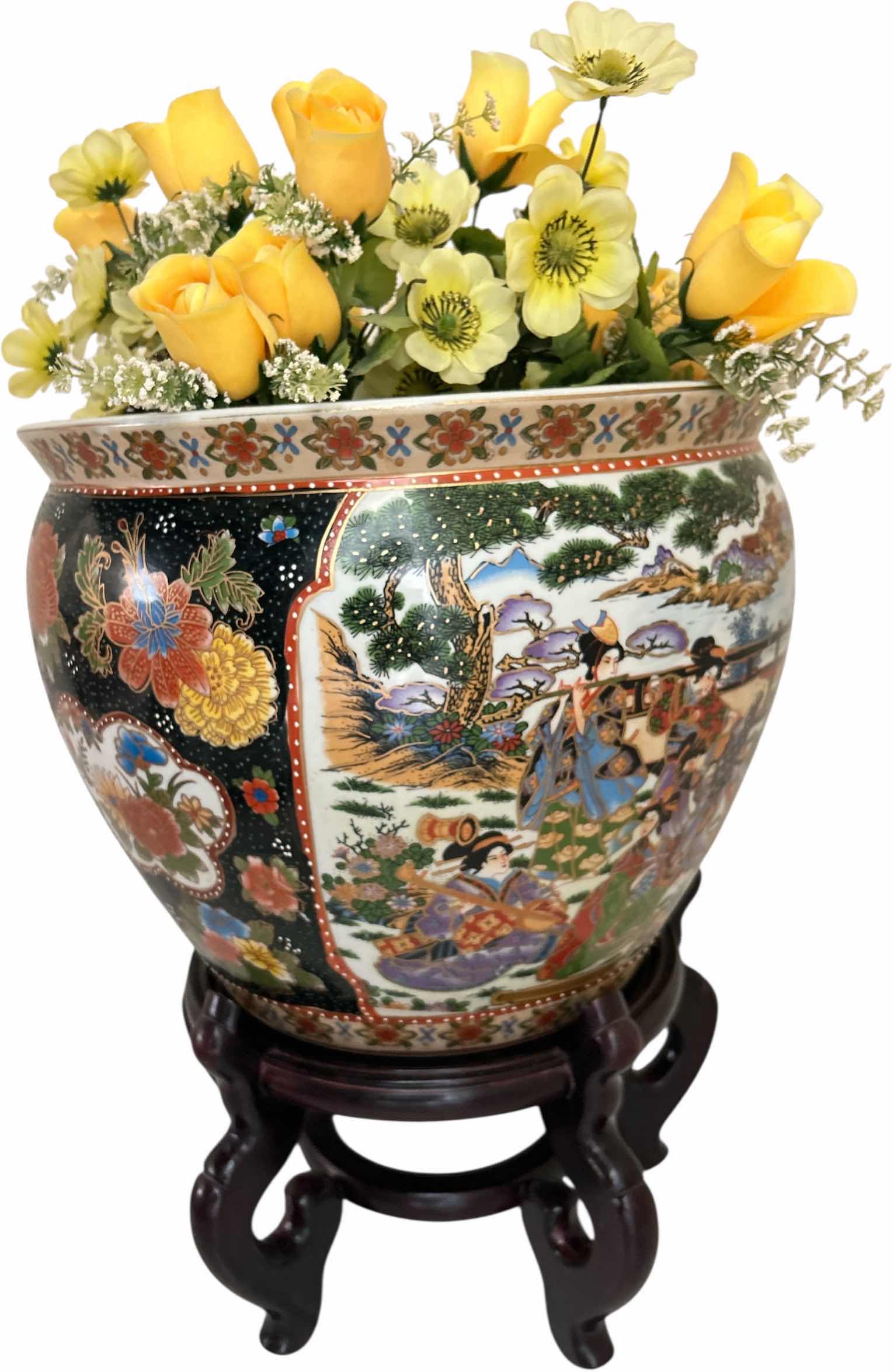 Photo 1 of ASIAN FISH BOWL POT AND STAND WITH FAUX FLOWERS 16” x H13”