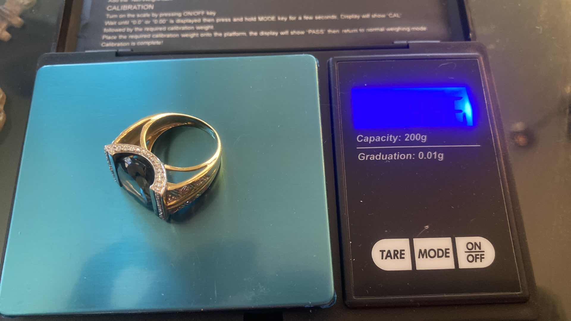 Photo 5 of 14K GOLD RING WITH BLUE TOPAZ & DIAMONDS APPROX SIZE 5 to 6 TOTAL WEIGHT 9.46g